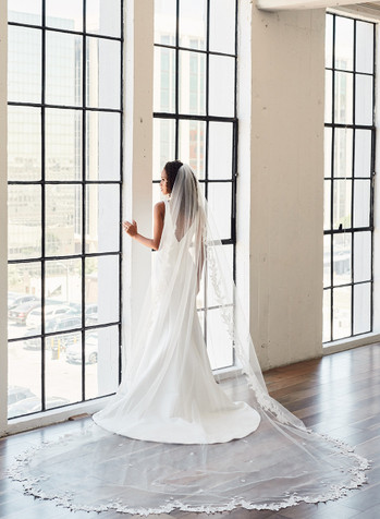 Cathedral Veil with 1/8 Satin Ribbon Trim |  White / 108 Inches