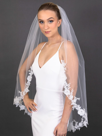 Semi-Waltz Ballet Length One Tier Bridal Veil with Beaded Lace Top -  Mariell Bridal Jewelry & Wedding Accessories
