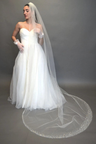 Glitter Tulle Regal Cathedral Wedding Veil with Pearls Envogue V2381WRC