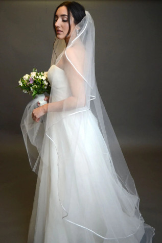 Style TG1015L060: Waltz Length Angel Cut Veil with Sequined Lace Appliqués