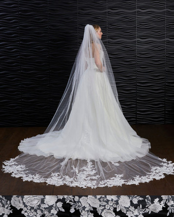 Marionat Bridal Cathedral Veil 3894 - 120” Long - Cut out floral lace with sequins and lace appliques