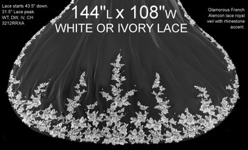 144x108 - French Alencon Lace Royal Veil  - Rhinestone Accent - Fast Ship