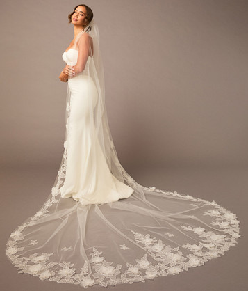 En Vogue Bridal Cathedral Style V2697RC - Corded Lace Appliques, Organza Flowers, And Pearl Bead Accents - 120" Long