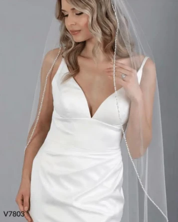 Bel Aire Bridal Veils V7803 - Waltz Length Pearl & Sequin Edge Veil - Quick Ship Ivory