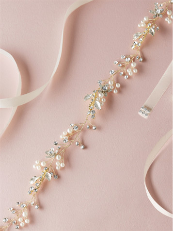 Boho Pearls & Crystal Leaves Hand Wired Gold Floral Vine Bridal Belt on Ivory Ribbon
4663BT-I-LTG