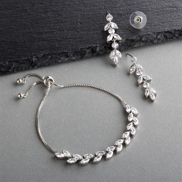 CZ Silver Platinum Bridal Bracelet & Dangle Earrings Set with Adjustable Slider Chain
4621BS-S