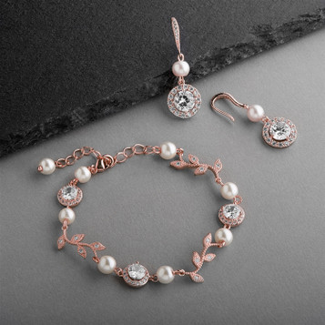 Ivory Pearl and Cubic Zirconia Bridal Bracelet and Earrings Set in Rose Gold
4589BS-I-RG