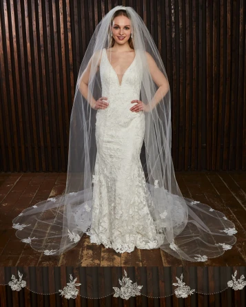 Marionat Bridal Veils 3841 Scalloped beaded pearl edge with lace appliqués 