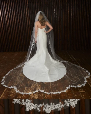 Marionat Bridal Veils  3847 Cut out floral Lace scalloped edge with sequins. Lace starts 19” down