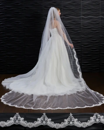 Marionat Bridal Veils 3896 - 120” Beaded lace scalloped edge veil with pearls and rhinestones.