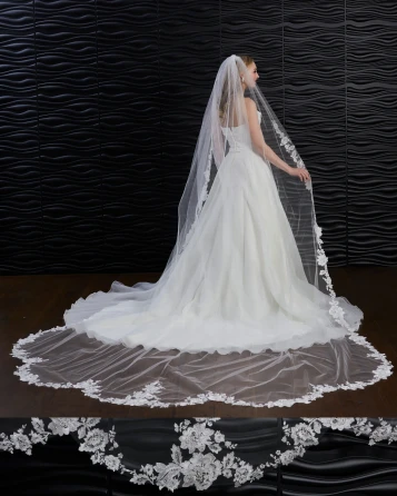 Marionat Bridal Veils 3914 - Scalloped veil (5 scallops) with cut out floral lace with beads, sequins, pearls and rhinestones - 130L