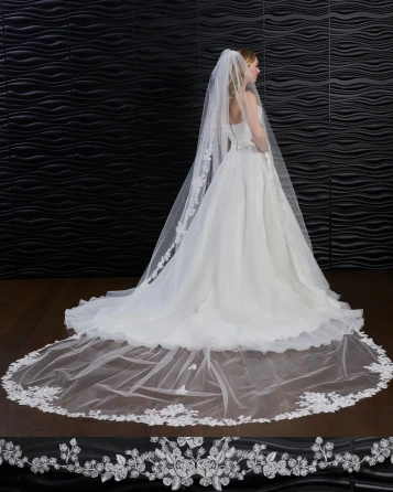  Marionat Bridal Veils 3917 - Cut out floral and leaf lace with sequins and pearls with center lace appliques - 130L