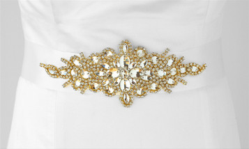  Opulent White Satin Bridal Sash with Gold and Crystal Starburst 3886SH-W-G