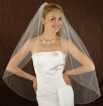 LC Bridal Style V2200-320 - One Tier Fingertip Gold Beaded w/ Zigzag Edge Veil