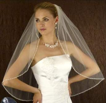 LC Bridal Style V2238-465 - One Tier Fingertip w/ Pearl Accented Silver Beaded Veil