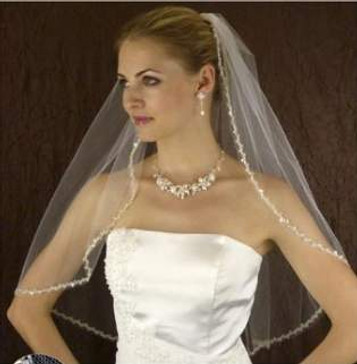 LC Bridal Style V2240-580 - One Tier Elbow Beaded w/ Silver Embroidered Edge Veil