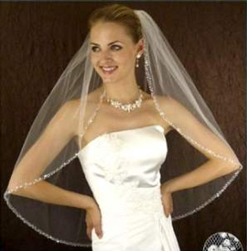 LC Bridal Style V2132-450 - One Tier Fingertip Silver & Clear Beaded Edge Veil