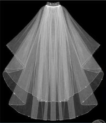 LC Bridal Style V2017-420 - Two Tier Fingertip Silver Bugle Beaded w/ Rhinestones Veil