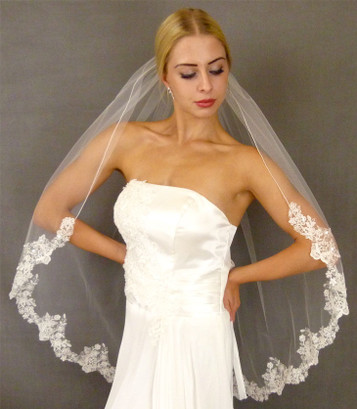 LC Bridal Style V2263-480 - One Tier Fingertip Beaded Alencon Lace Edge Veil