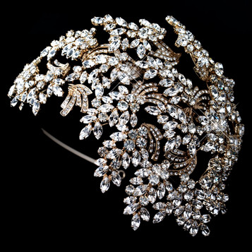 Vintage Couture Leaves Side Accented Gold Marquise Rhinestone Wired  Headband 19255