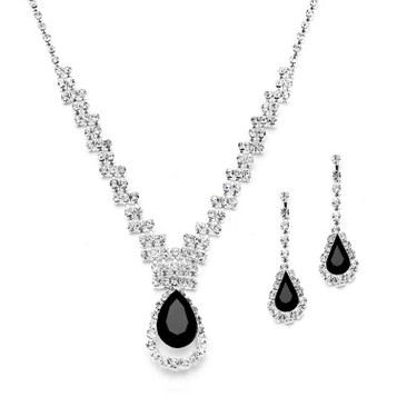 Mariell Bridals Rhinestone Necklace Set with Black Caged Pear 4140S-JE