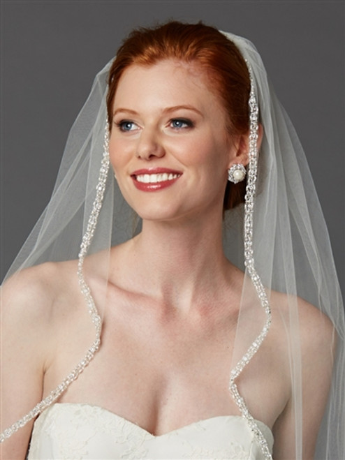 Glamorous Beaded Crystal Fingertip Length Wedding Veil