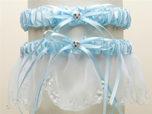 Bridal Garter Set With Inlaid Crystal Hearts White With Blue 454g