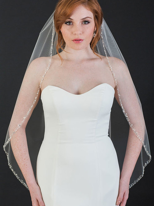 Bel Aire Bridal Veils V7504 - 1-tier fingertip veil with crystal flowers  and beads