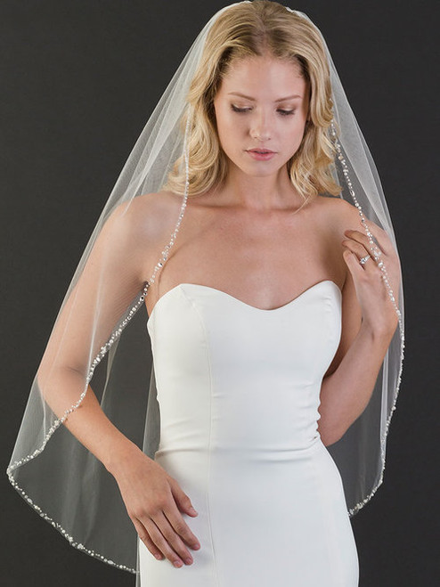 Bel Aire Bridal Veils V7680 - 1-tier fingertip veil with Chevron Diagonal  frosted bead edge - Ivory Fast Ship