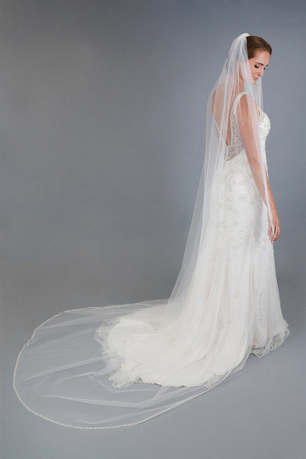 90 Chapel Length Cut Edge Ivory Bridal Veil with Scattered Pearls &  Crystals