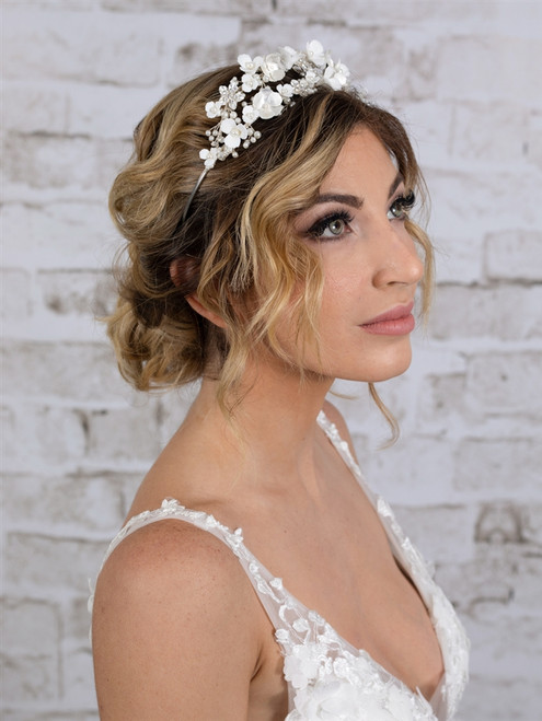Bridal Tiara Wedding Crown with Soft Ivory Resin Florals & Matte