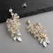 Handmade Light Gold Bridal Statement Earrings with Cascading Crystals, Flowers & Golden Leaves 4623E-G