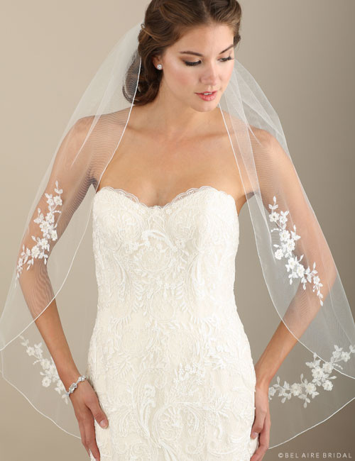 One Blushing Bride Lace Fingertip Length Wedding Veil with Thin Scallop Lace Trim Edges White / 40-42 Inches