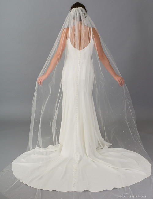 Bel Aire Bridal Veil V7467C 1-tier cathedral cut edge veil with champagne/ivory  lace appliqués