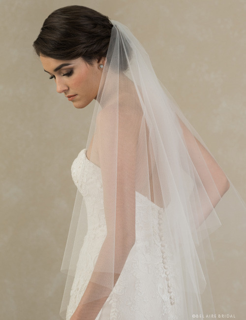 Bel Aire Wedding Veils V7415C - 2-tier foldover veil (elbow + cathedral)  with folded ribbon edge.