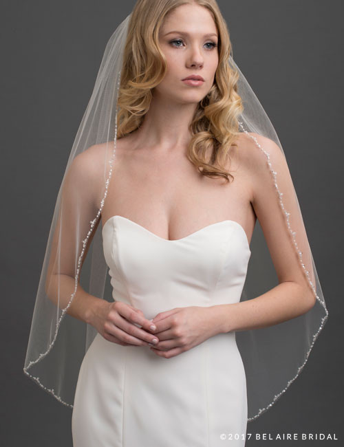 Bel Aire Bridal Veils V7680 - 1-tier fingertip veil with Chevron Diagonal  frosted bead edge - Ivory Fast Ship