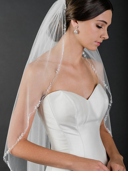 Bel Aire Bridal Veils V7240- One Tier Fingertip Veil with Beaded Venise Lace