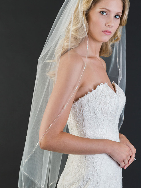 Mariell Gorgeous Beaded Edge Silver Lace Fingertip Bridal Veil