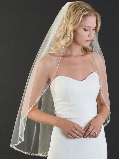 Bel Aire Bridal Veils V7133 - Wavy crystal edge fingertip veil (4 Colors  Available)