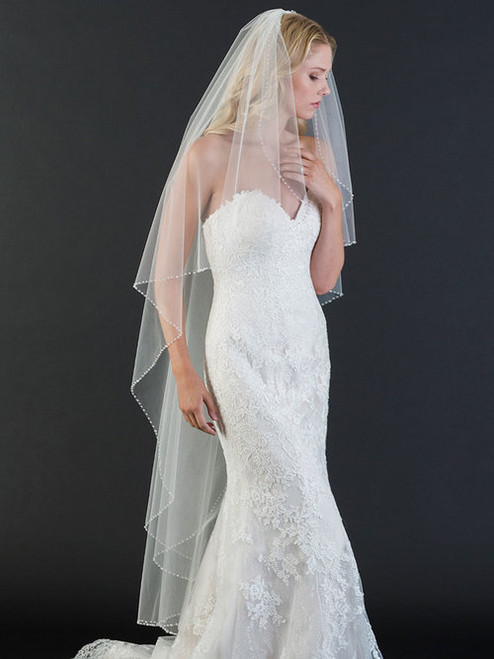 Bel Aire Bridal Veils V7456 - 1-tier fingertip veil with narrow edge of  pearls, beads, and rhinestones