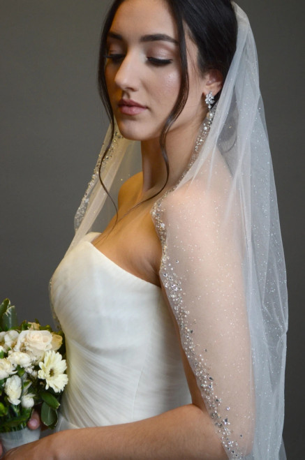 Ansonia Bridal Veil Style 739S - One Tier Heavy Beaded Edge Veil With Bugle  Beads, Marquis Stones and Pearls - QUICK SHIP