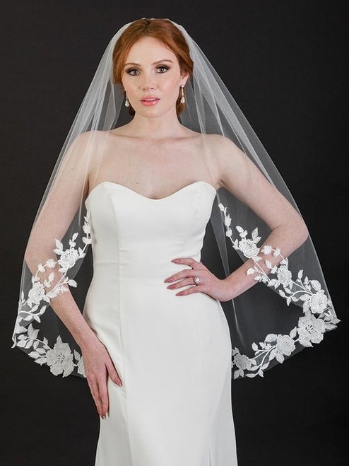 Bel Aire Bridal Veil V7467C 1-tier cathedral cut edge veil with champagne/ivory  lace appliqués