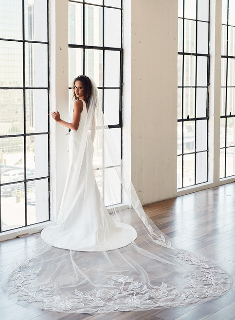 Cathedral Veil with 1/8 Satin Ribbon Trim |  White / 108 Inches