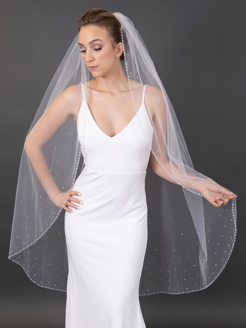 Sparkling Angel Cut Floor Length Veil with Rhinestone Edge | , White / 65 Inches