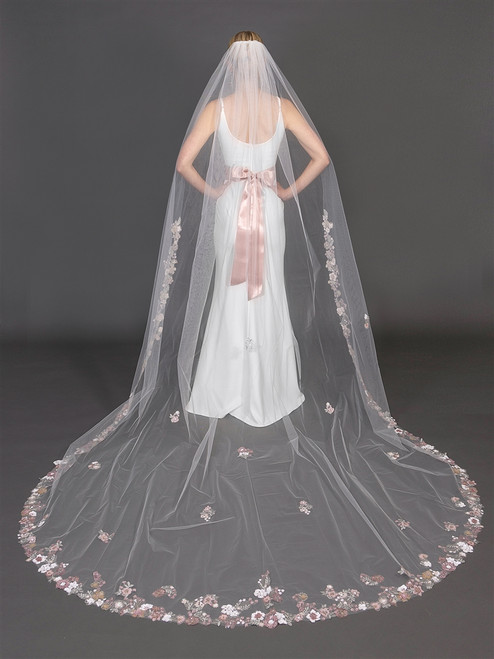 118 inches of beautiful with pastel embroidered flowers. White cathedral veil Cathedral Lace Edge Bridal Veil, Royal Wedding Veil, Bridal  main image 2