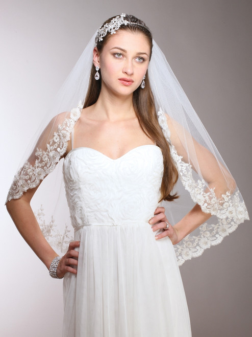 Waltz Length Crystal Edge Wedding Veil in Ivory