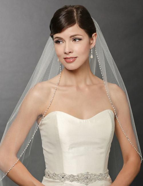 Bel Aire Bridal Veils V7245 One Tier Fingertip Oval Pearl And