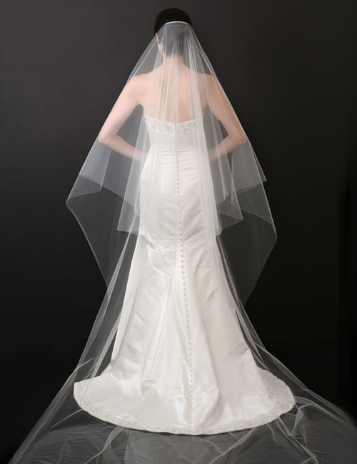 Bel Aire Bridal Veils V7503C Cut edge cathedral veil with crystals, pearls,  and beads