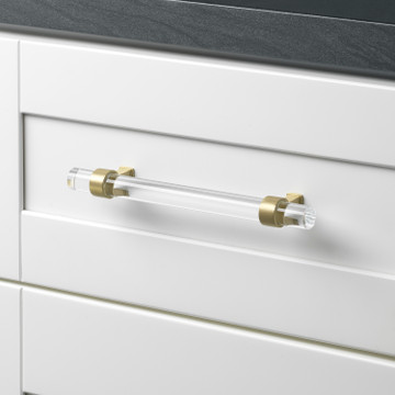 6-1/4 Inch Center to Center Clear Acrylic Pull Cabinet Handle with Satin Gold Bases - 4718-160