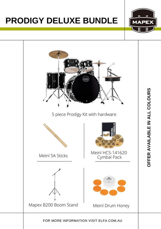 Mapex Prodigy - Deluxe Bundle (20", 10", 12", 14", 14" SNR) with Meinl HCS 141620 Cymbal Pack, Hardware + Additional Boom Stand, Stool & Sticks
